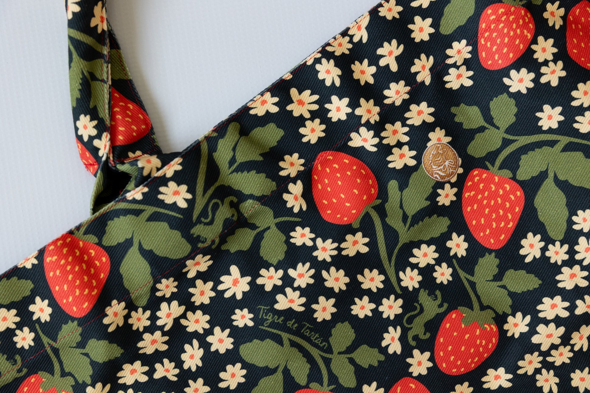 Fabric with strawberry and floral pattern on a plain background