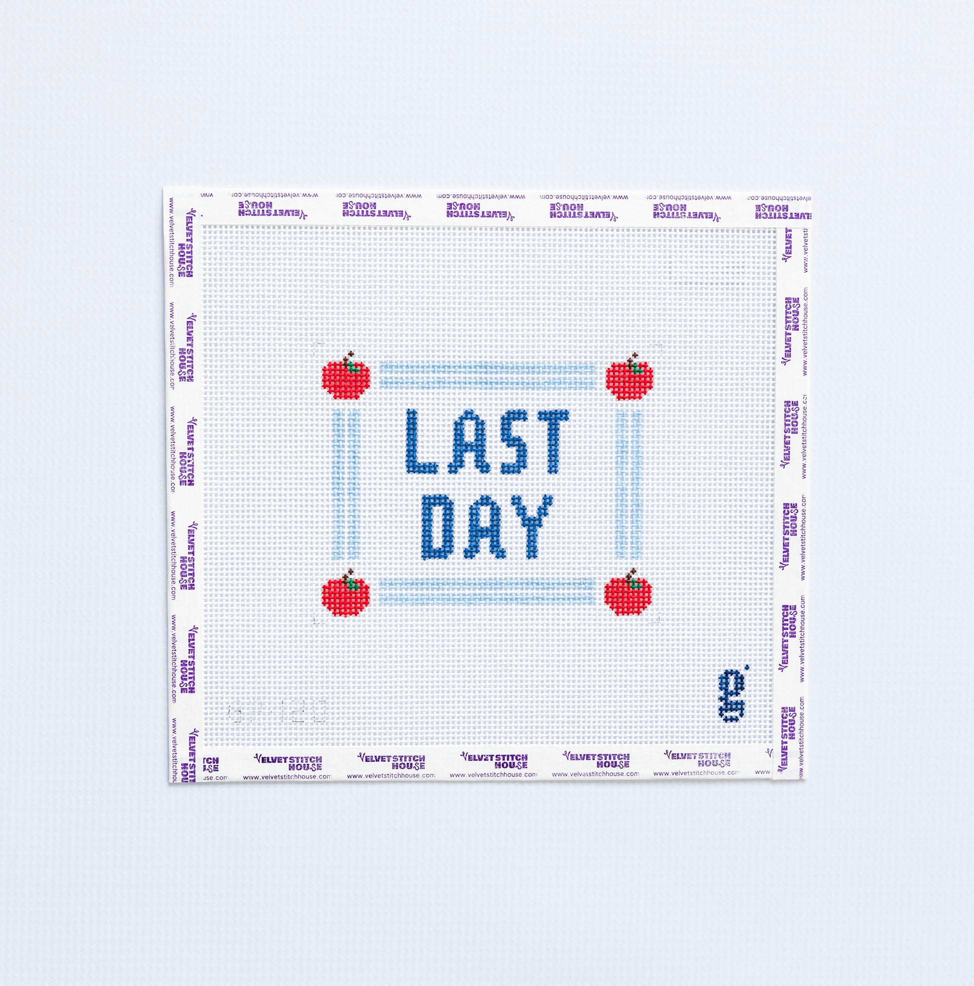 Needlepoint pattern with 'Last Day' text and red apples on a white background