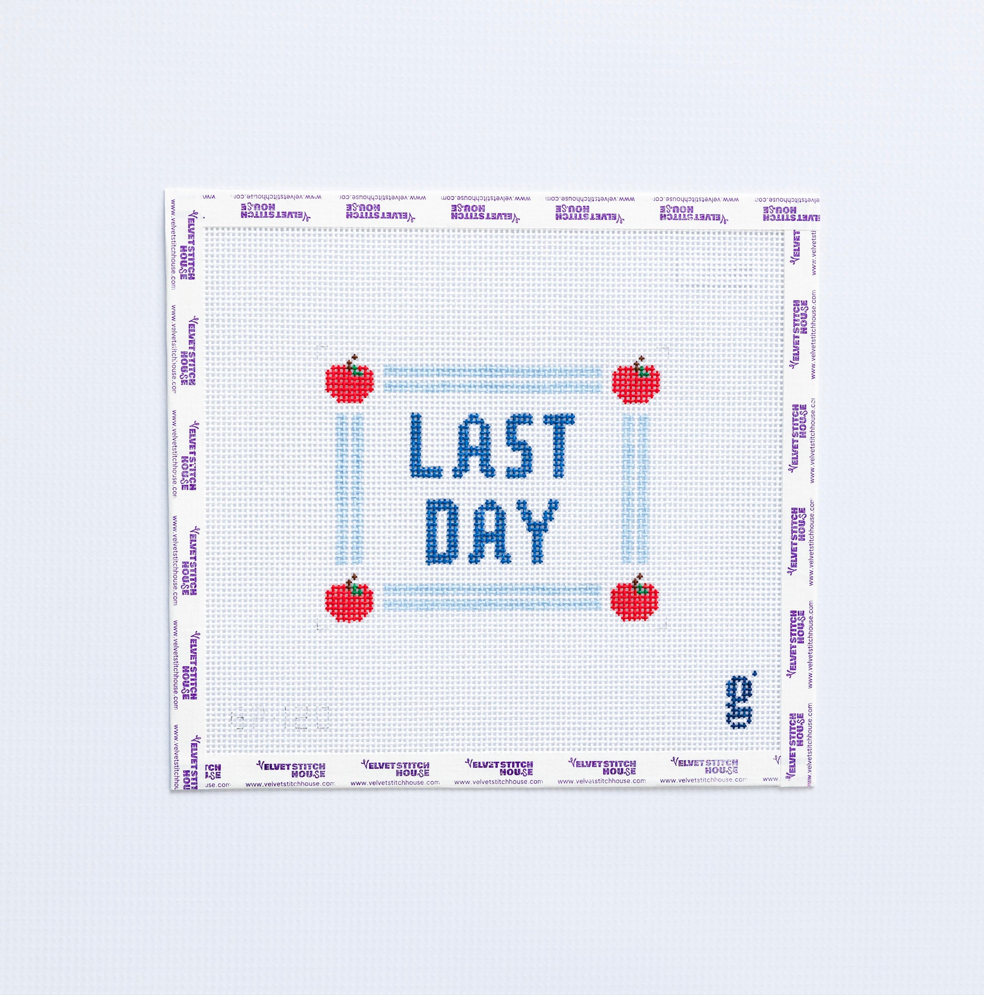 Needlepoint pattern with 'Last Day' text and red apples on a white background