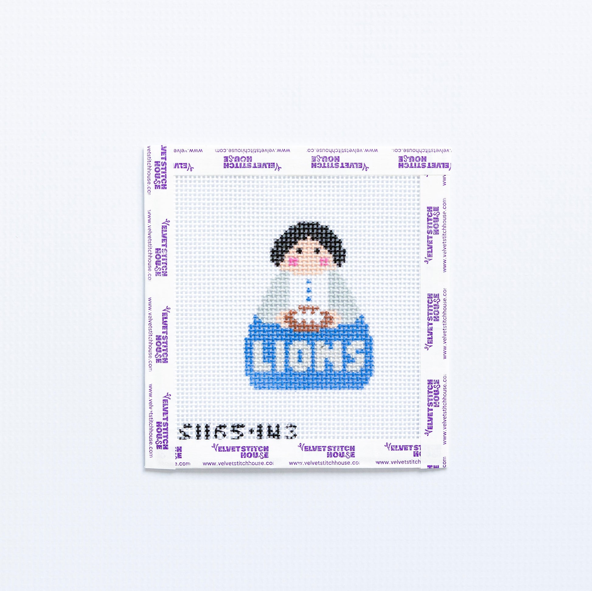 Needlepoint pattern with a  Detroit Lions blue and silver angel holding a football on a white background
