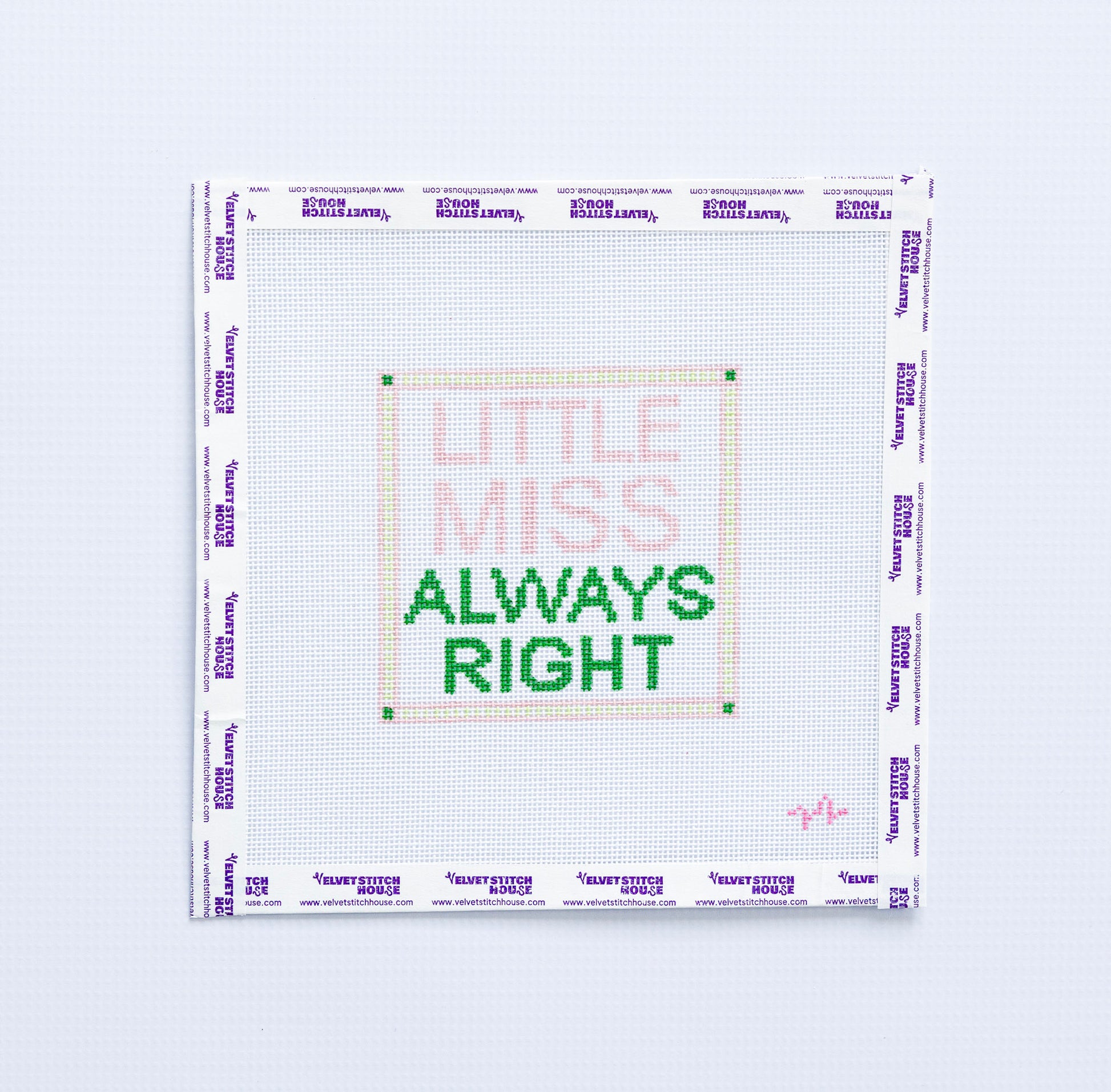 Needlepoint pattern with 'Little Miss Always Right' light pink and green text on a white background