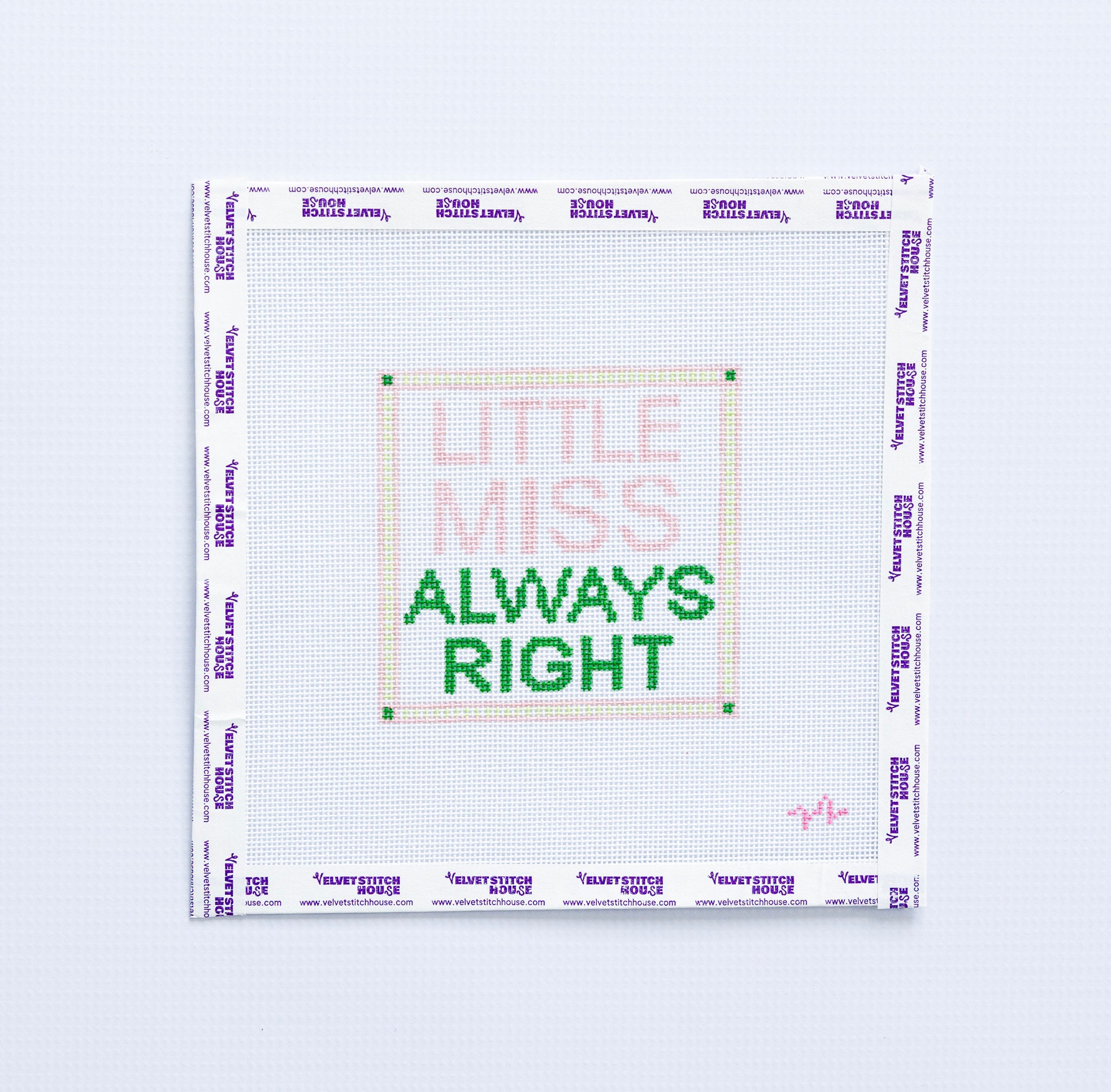 Needlepoint pattern with 'Little Miss Always Right' light pink and green text on a white background