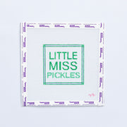 Needlepoint pattern with 'Little Miss Pickles' green text on a white background