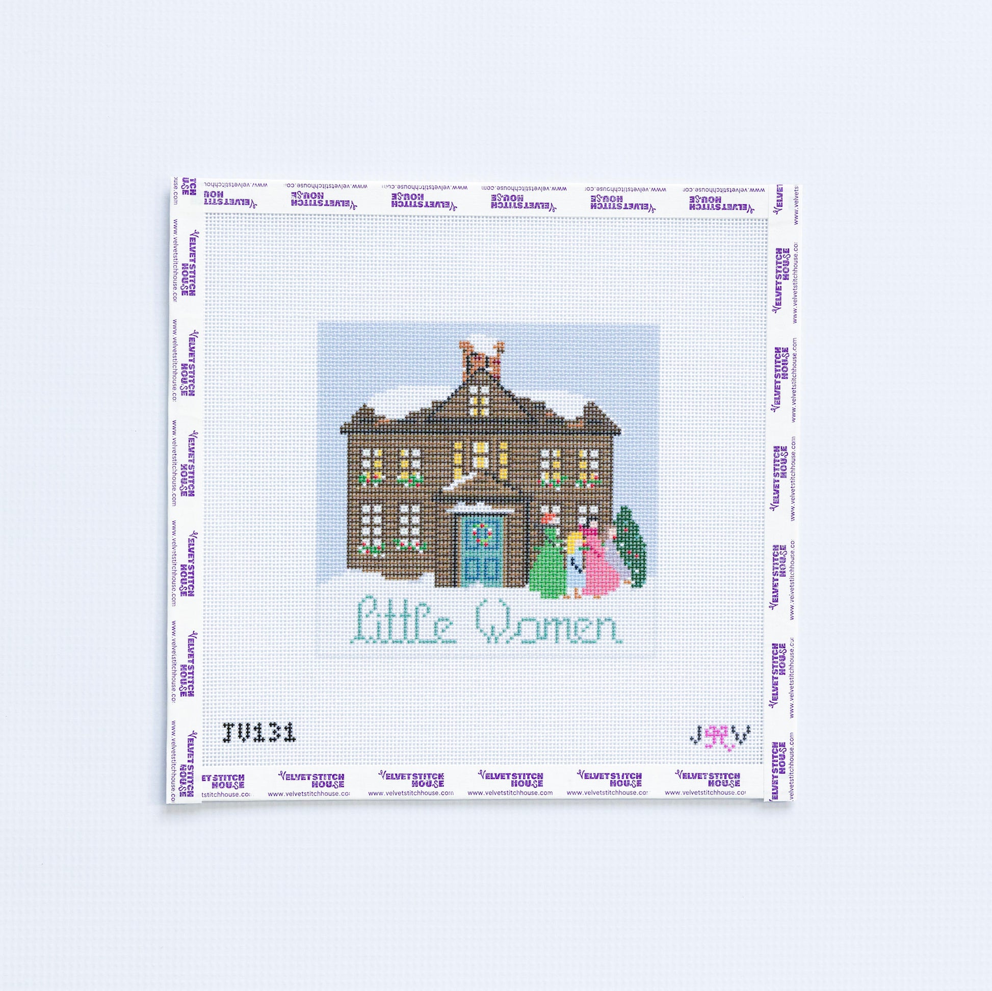 Needlepoint pattern for 'Little Women' with a house and characters on a white background
