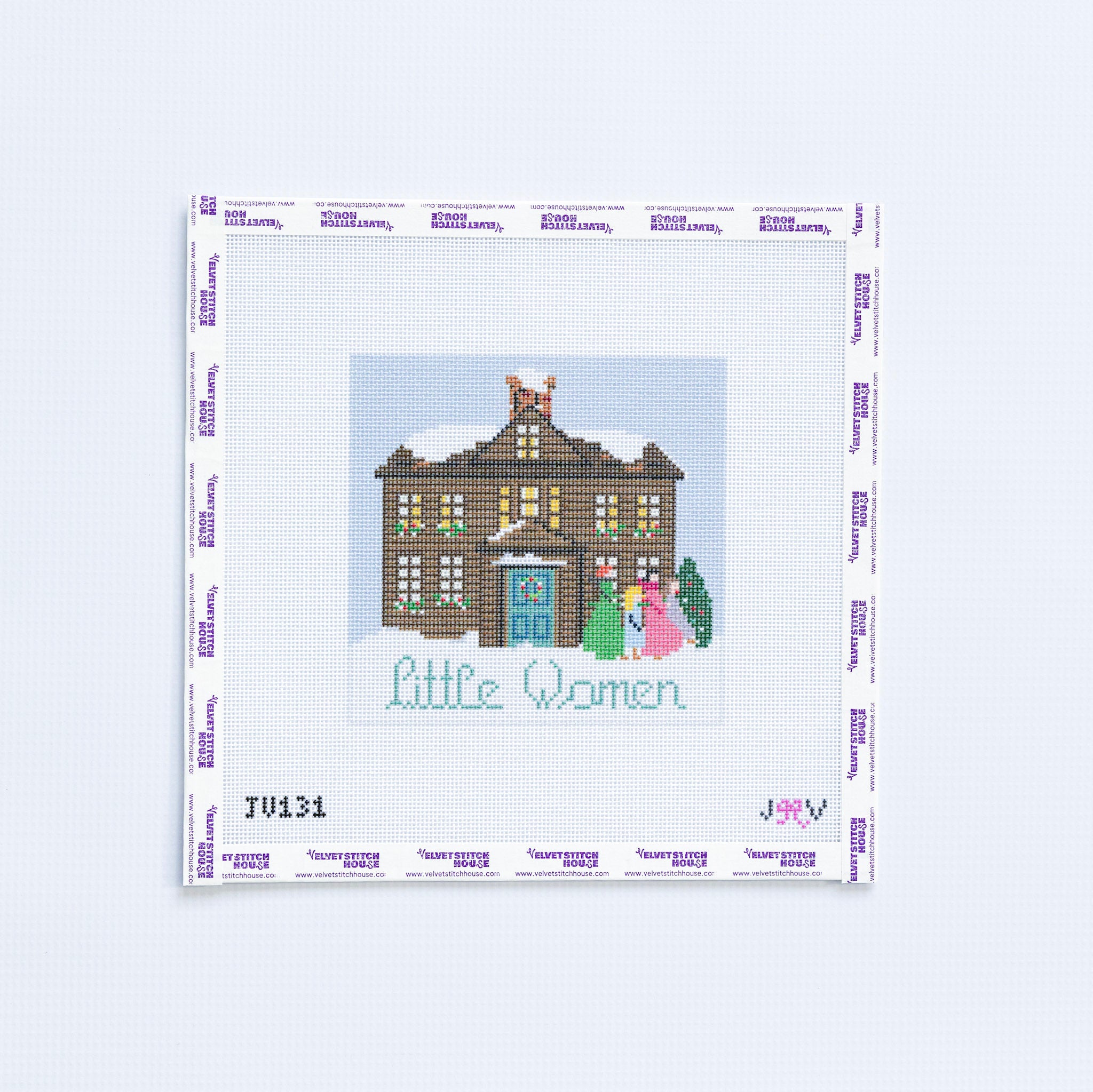 Needlepoint pattern for 'Little Women' with a house and characters on a white background