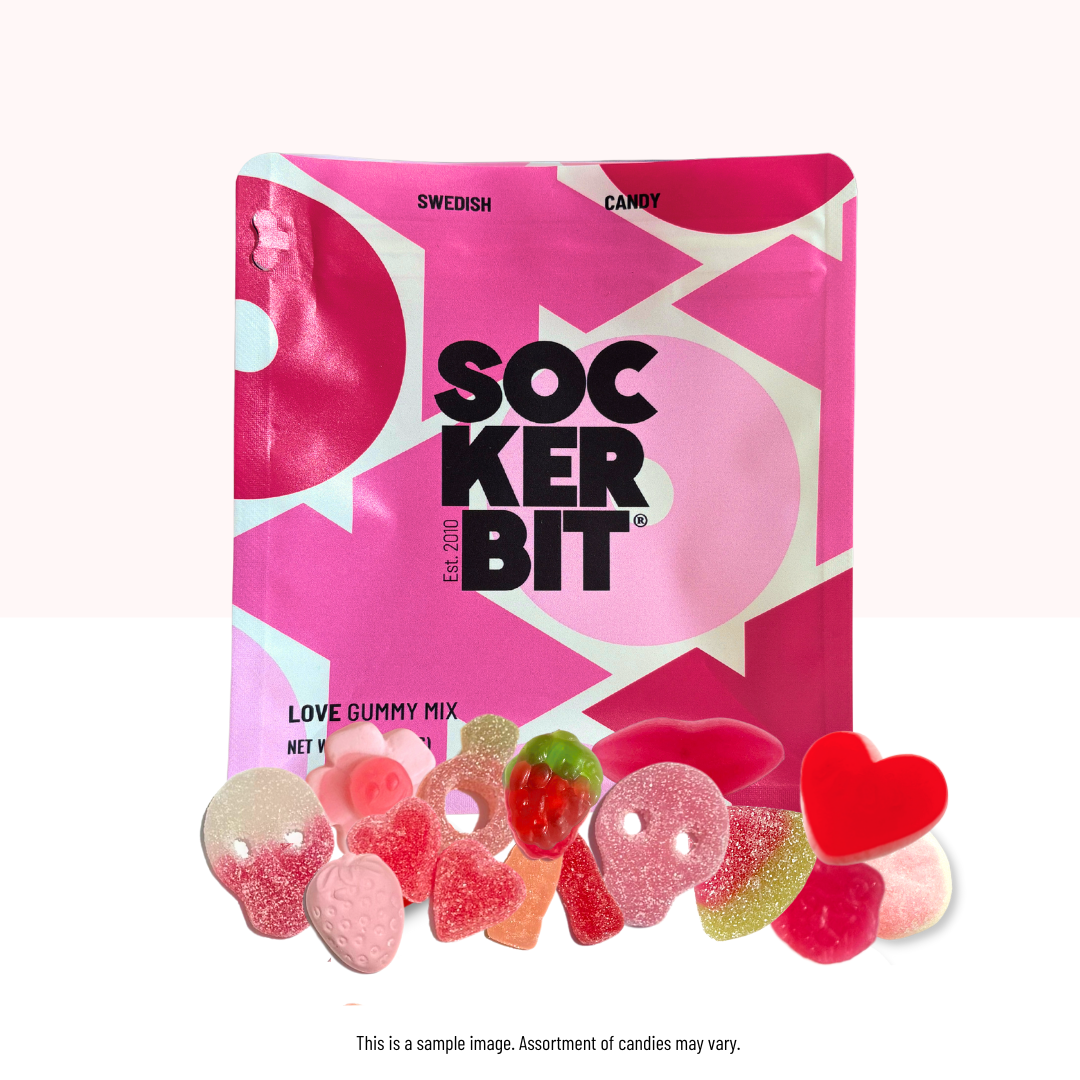 Pink packaging of Sockerbit gummy candies with heart shapes on a white background