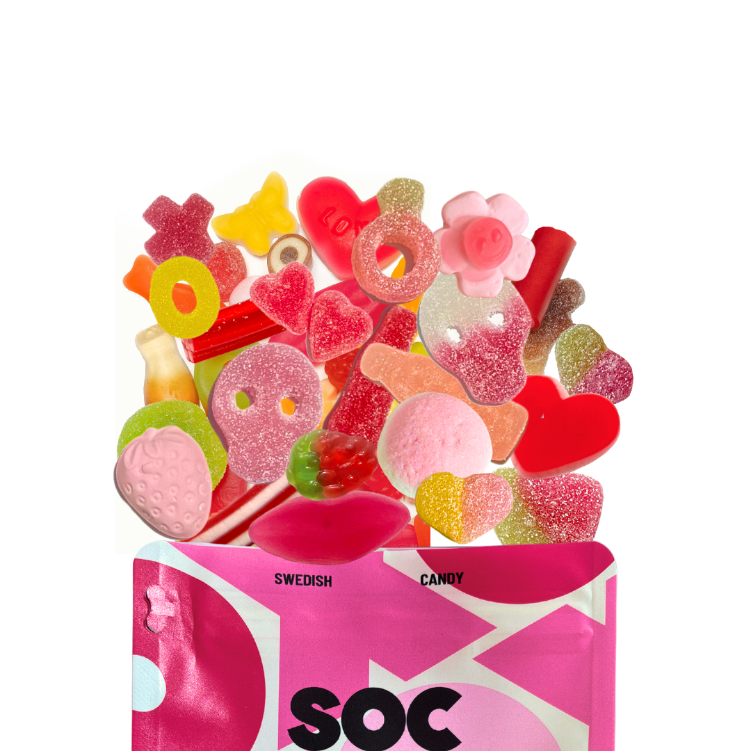 Colorful Swedish gummy candies in a pink box with 'SOC' branding on a white background