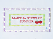 Martha Stewart Summer needlepoint design with red text and green border on a white background and tomato icon
