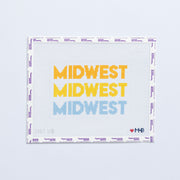 Needlepoint pattern with Repeating pattern of 'MIDWEST' text in yellow, blue, and red on a white background.