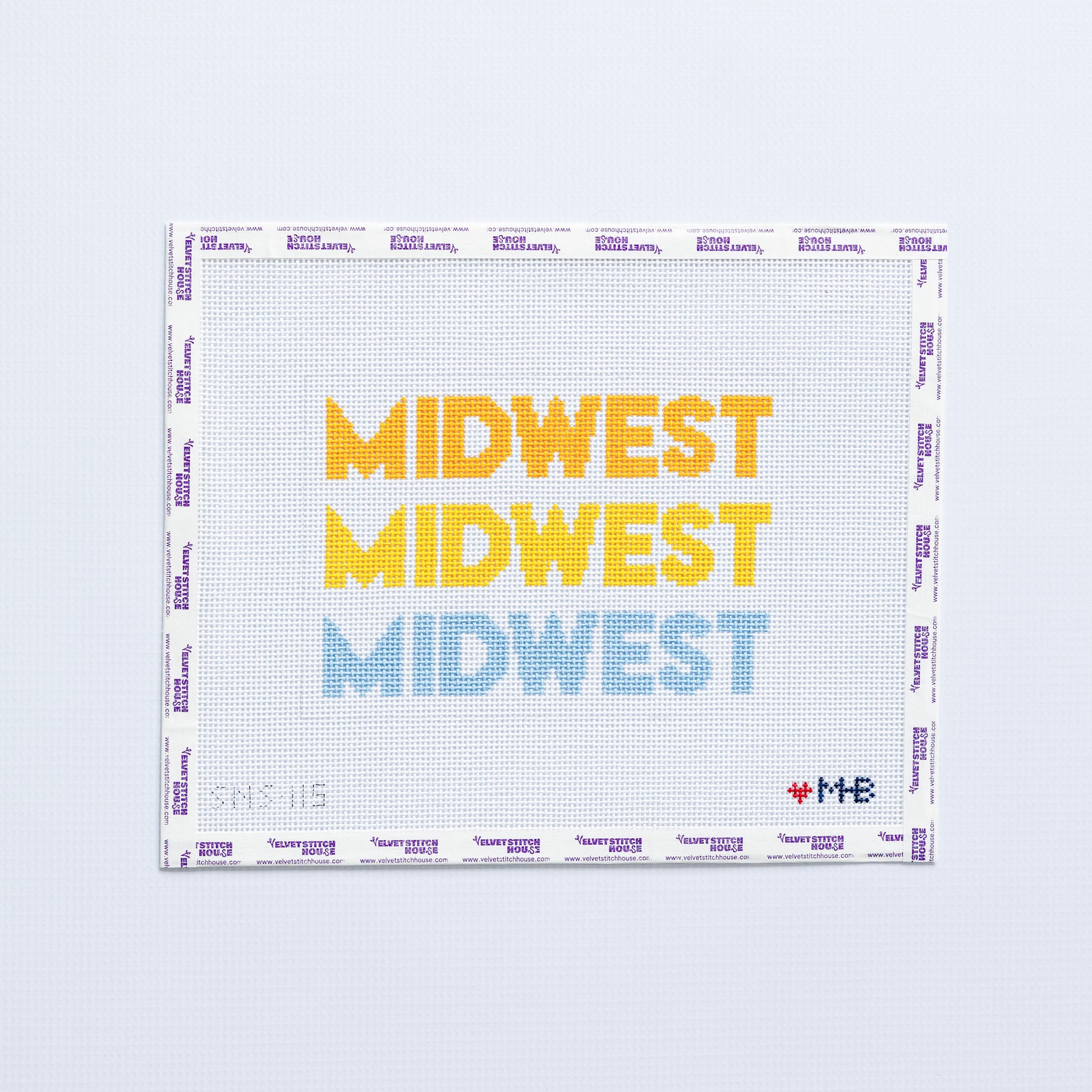 Needlepoint pattern with Repeating pattern of 'MIDWEST' text in yellow, blue, and red on a white background.