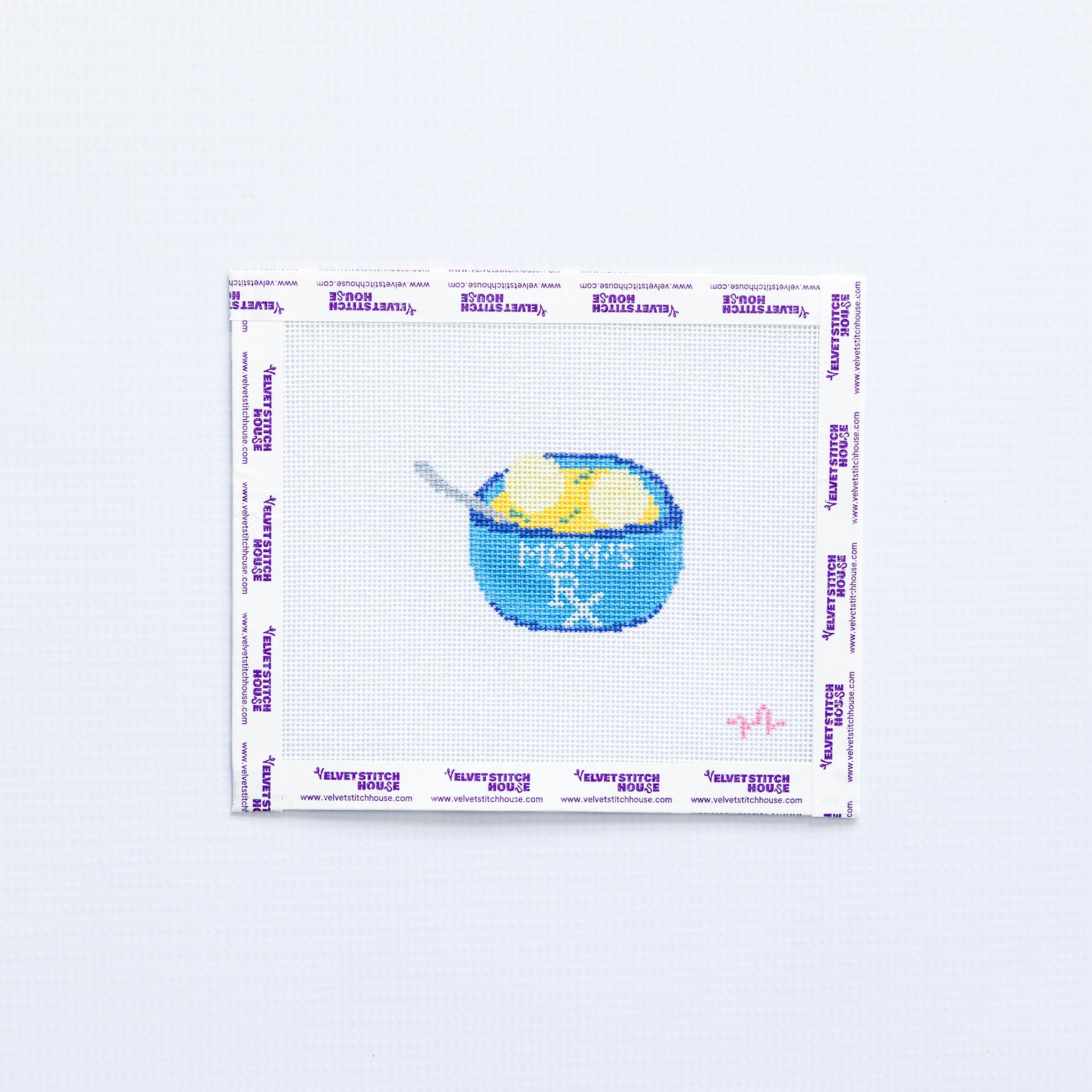 Needlepoint pattern of a blue bowl of matzo ball soup with 'Mom's RX' text on a white background