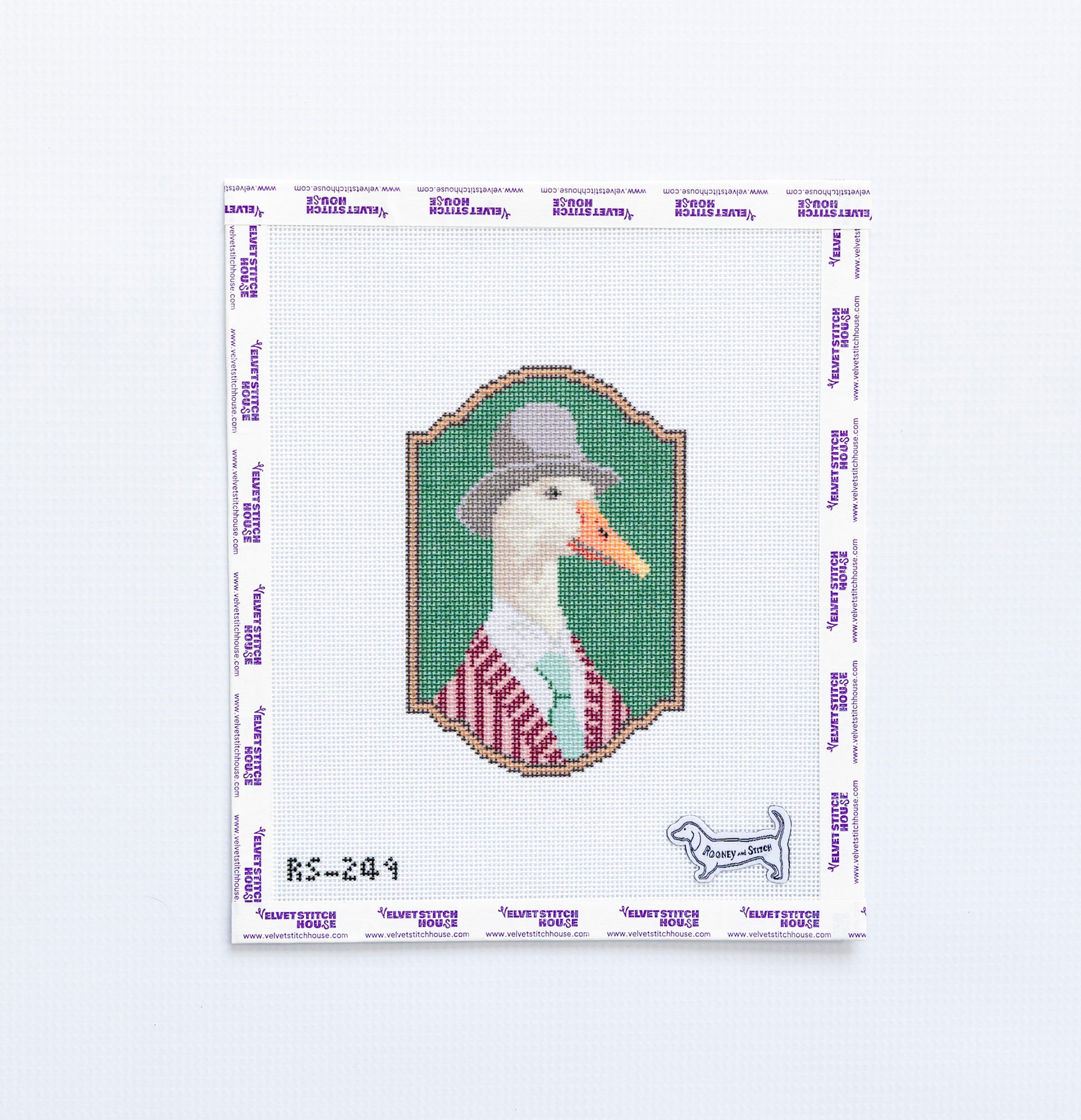 Needlepoint esign of a duck wearing a hat and striped shirt on a green background.