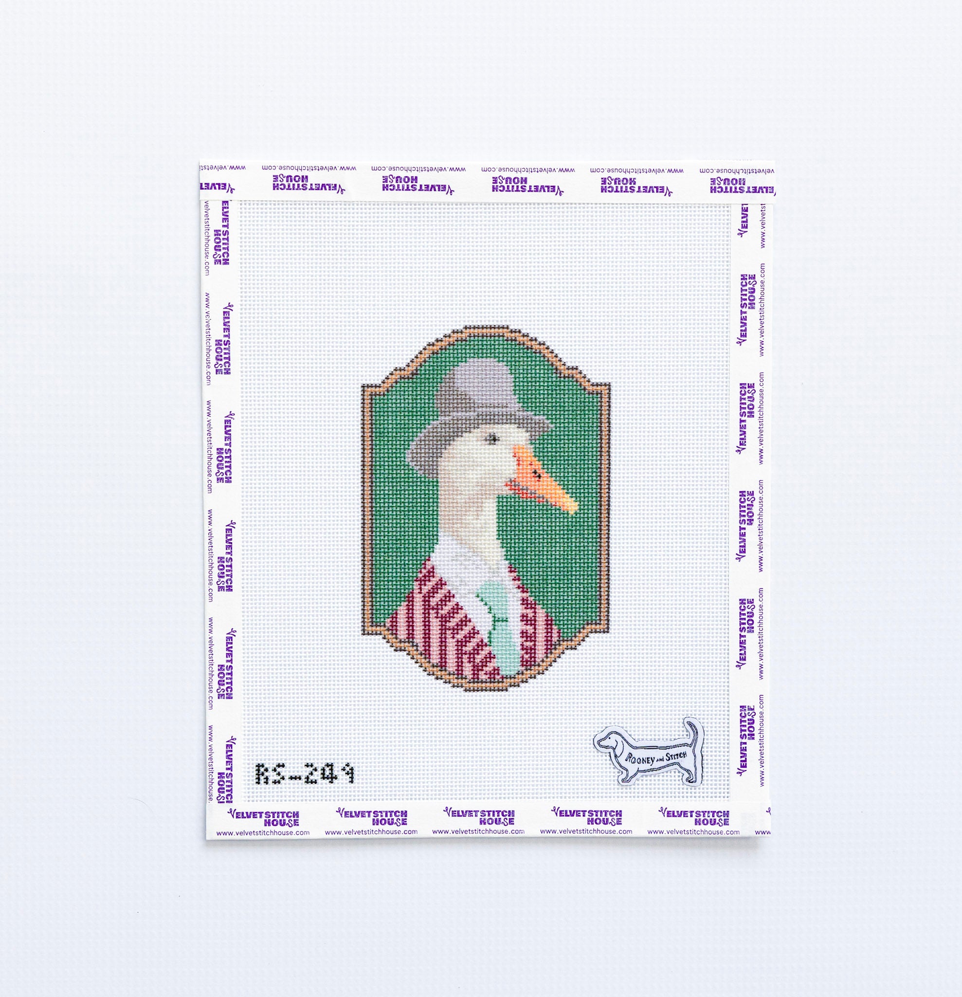 Needlepoint esign of a duck wearing a hat and striped shirt on a green background.