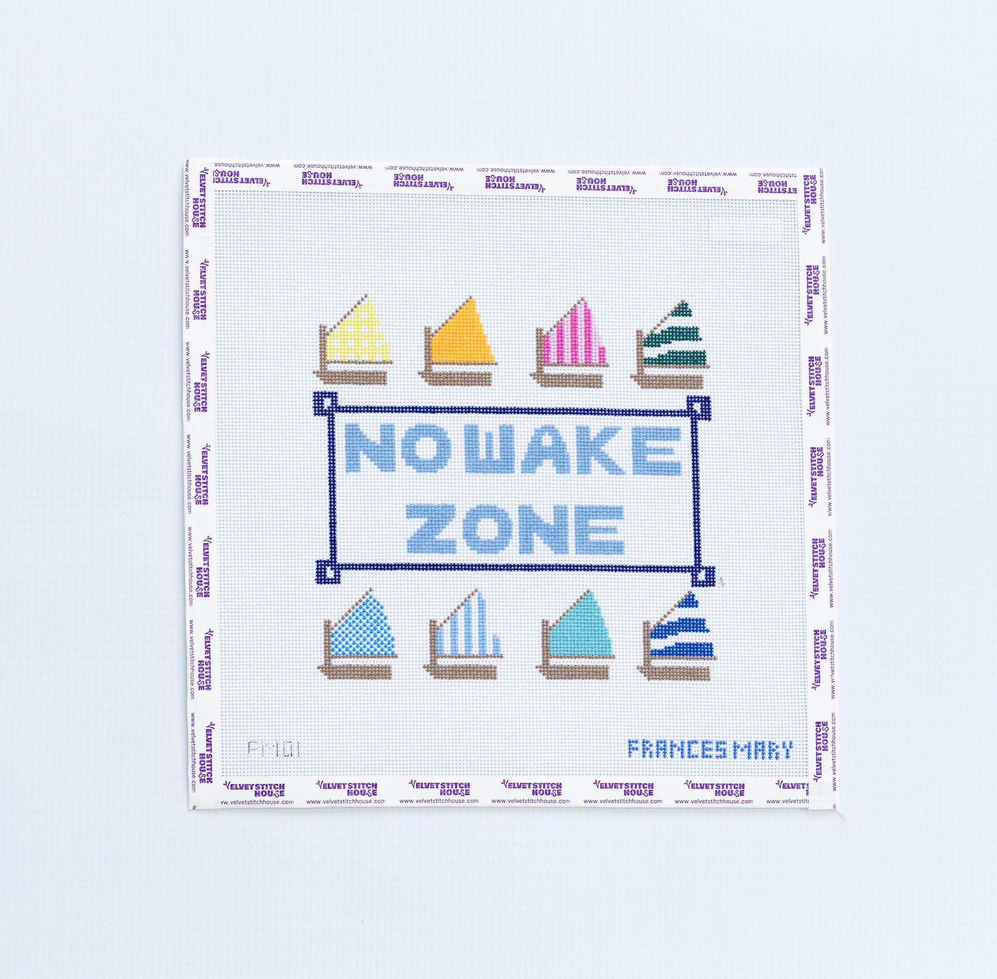 Needlepoint design of colorful sailboats with 'NOWAKE ZONE' text on a white background.