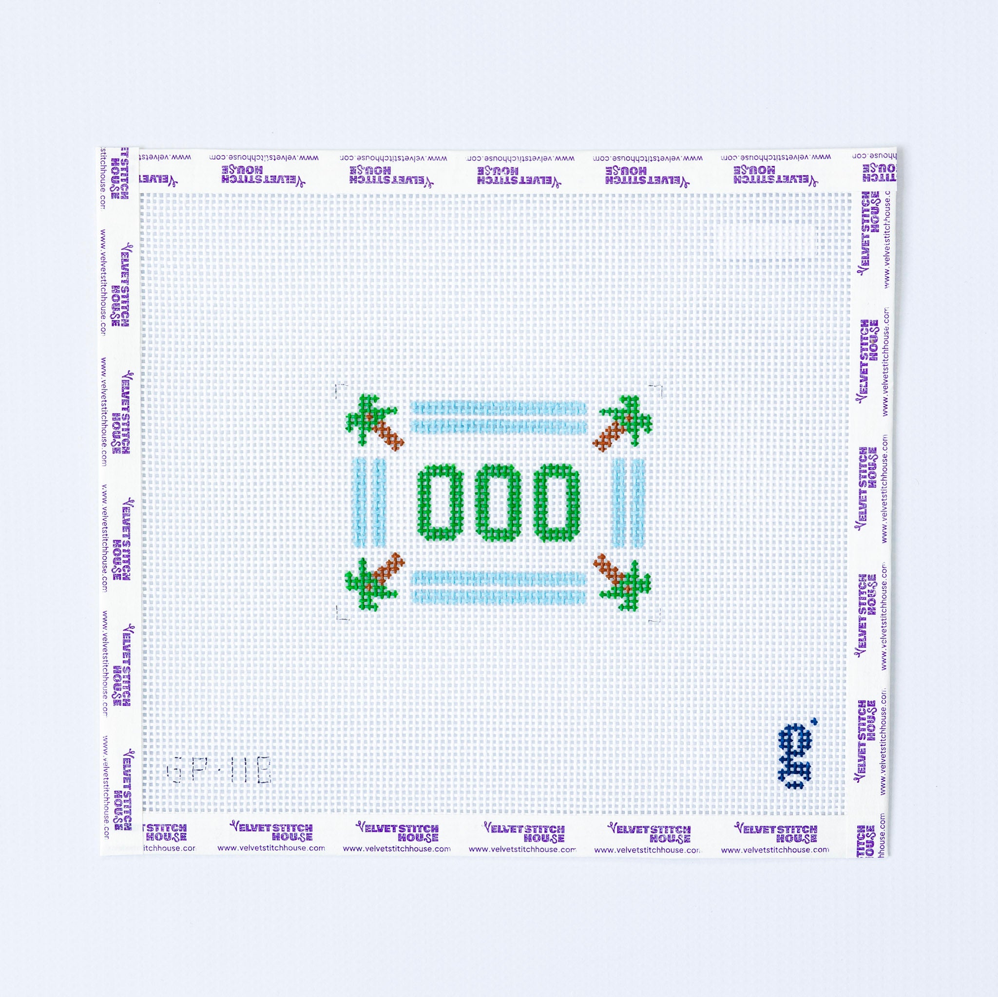 Needlepoint pattern with '000' and decorative elements on a grid background