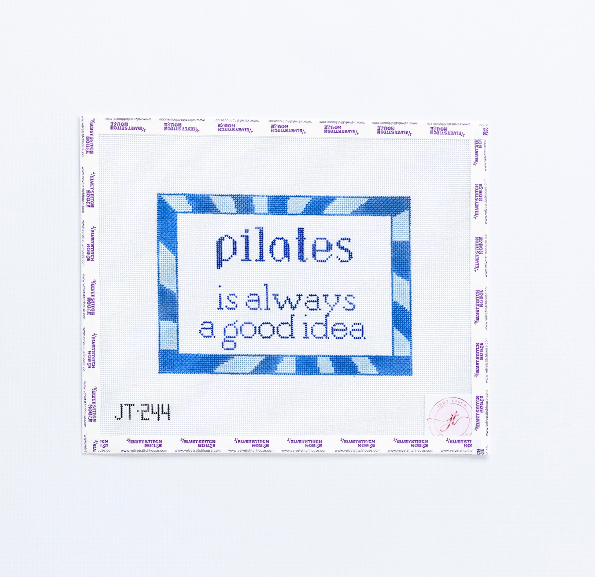 Needlepoint design with 'pilates is always a good idea' text and blue border on white background