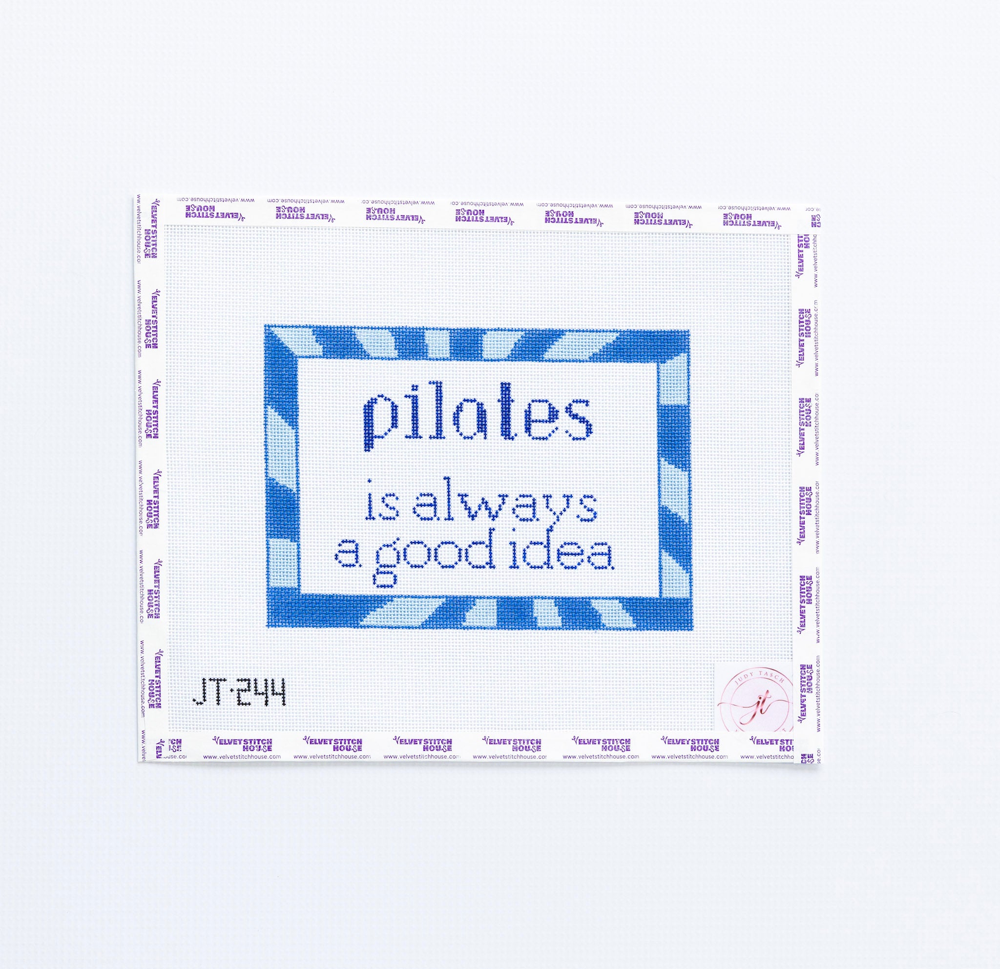 Needlepoint design with 'pilates is always a good idea' text and blue border on white background