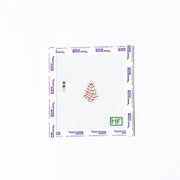 Mini white christmas tree needlepoint pattern with green and red lights. 