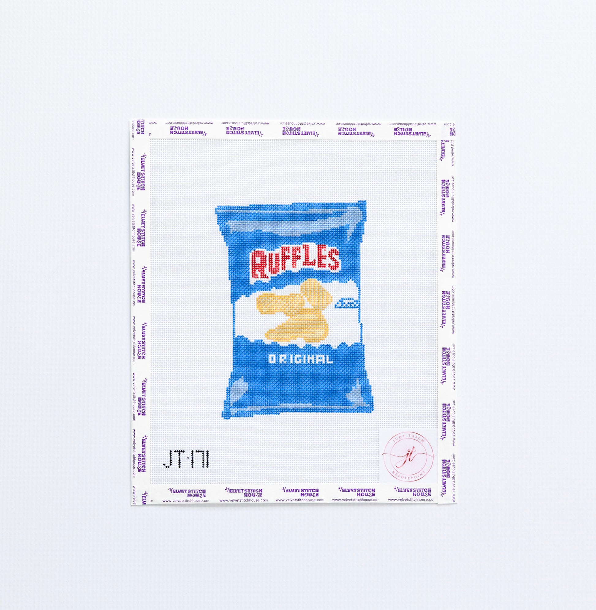 Needlepoint pattern of Ruffles potato chips packaging with a white border and text