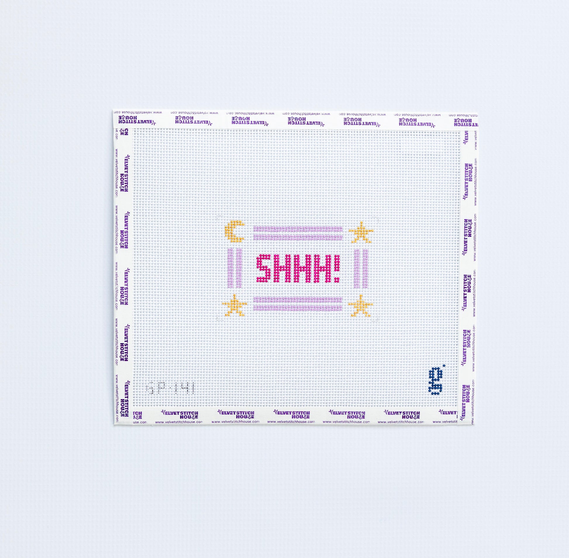 Needlepoint pattern with 'SHH!' text and symbols on a white background