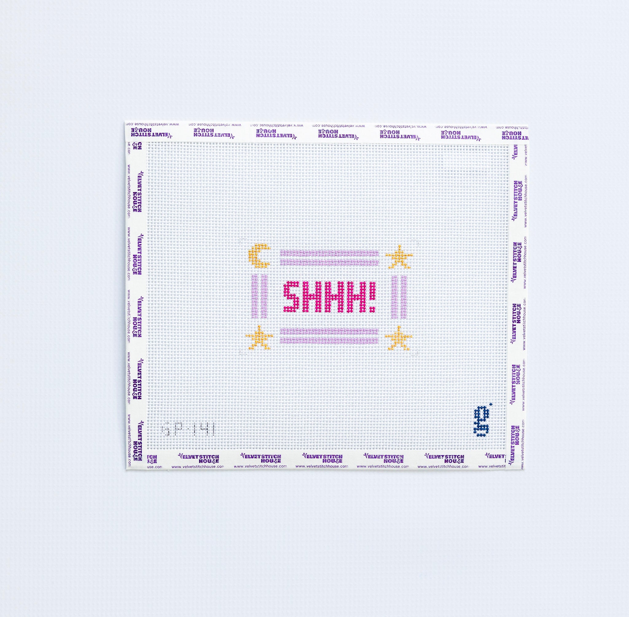 Needlepoint pattern with 'SHH!' text and symbols on a white background