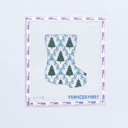 Needlepoint pattern with Christmas trees on a white background, branded 'Frances Mary'.