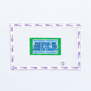 Needlepoint pattern with text 'Scattered my Ashes on the Paddle Courts' in green and blue on a white background