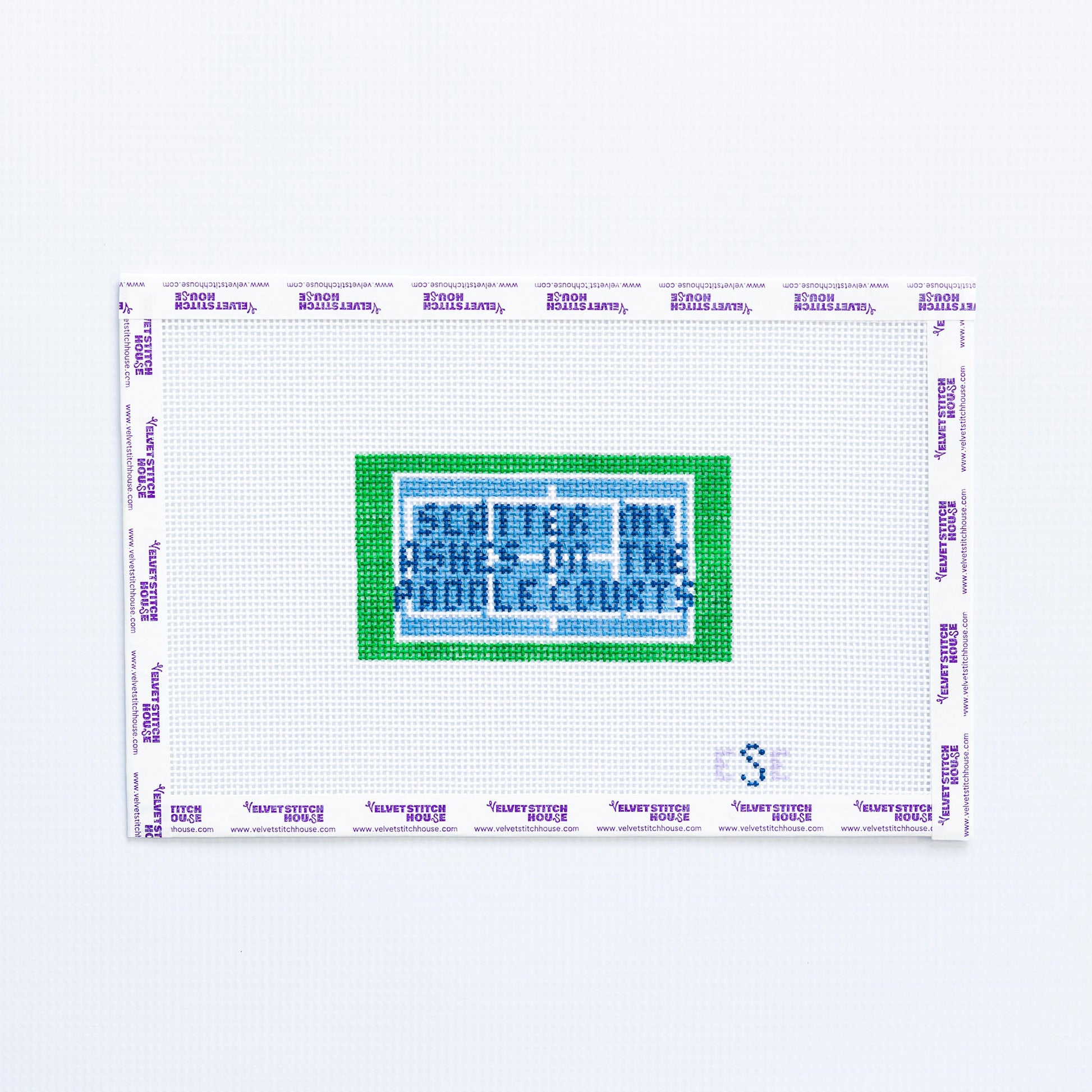 Needlepoint pattern with text 'Scattered my Ashes on the Paddle Courts' in green and blue on a white background