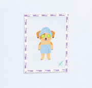 Needlepoint canvas of brown down wearing towel 