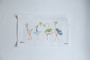 Needlepoint design with Cartoon-style flamingos dancing on a white background