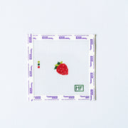 Needlepoint pattern of a strawberry design on a white fabric with patterned border