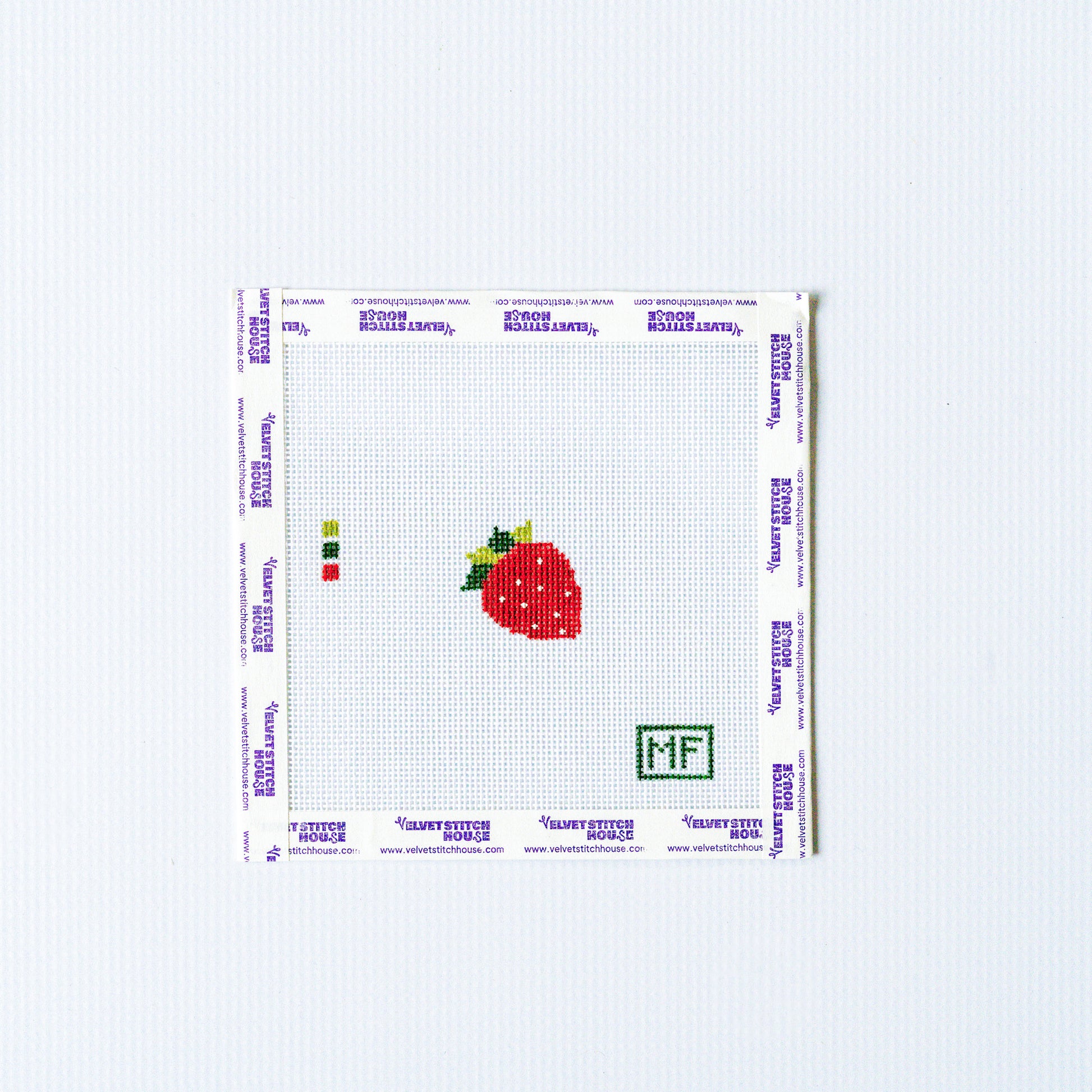 Needlepoint pattern of a strawberry design on a white fabric with patterned border