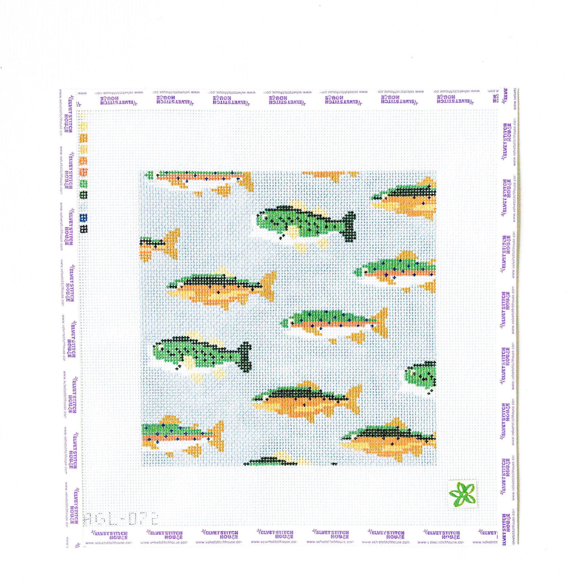 Needlepoint pattern with fish design on a light blue background