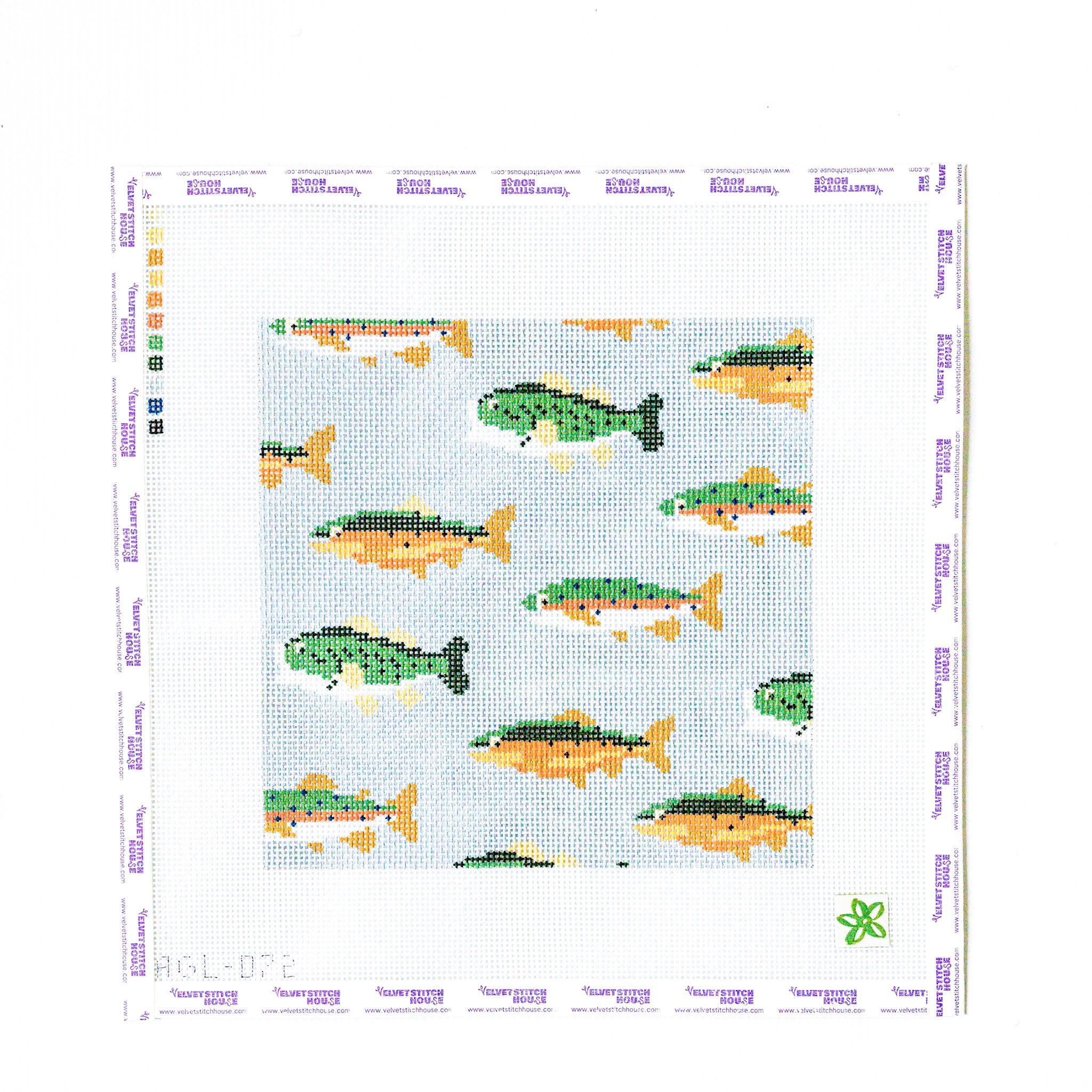 Needlepoint pattern with fish design on a light blue background