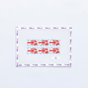 Needlepoint pattern with red lobster illustrations and light blue waves on a white background