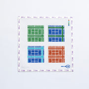 Needlepoint pattern with four different coaster designs of types of tennis courts 