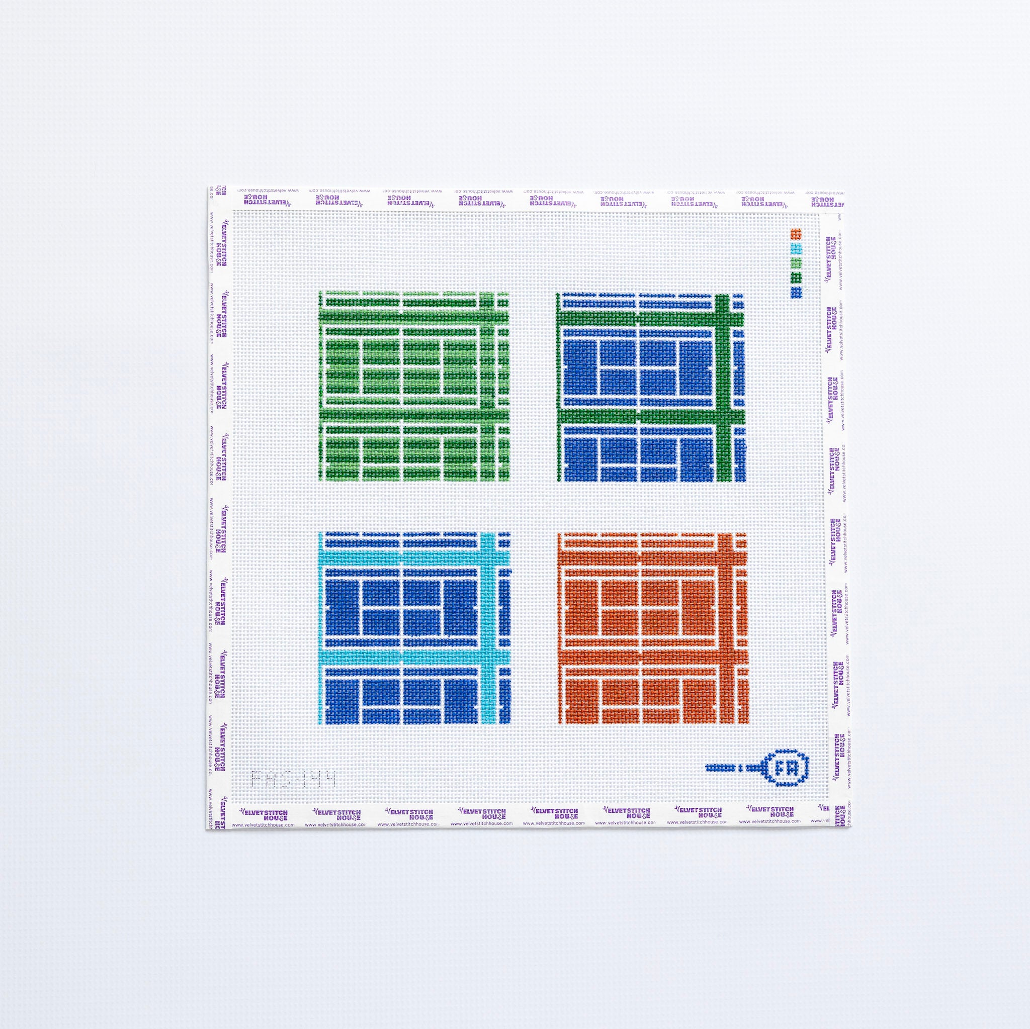 Needlepoint pattern with four different coaster designs of types of tennis courts 