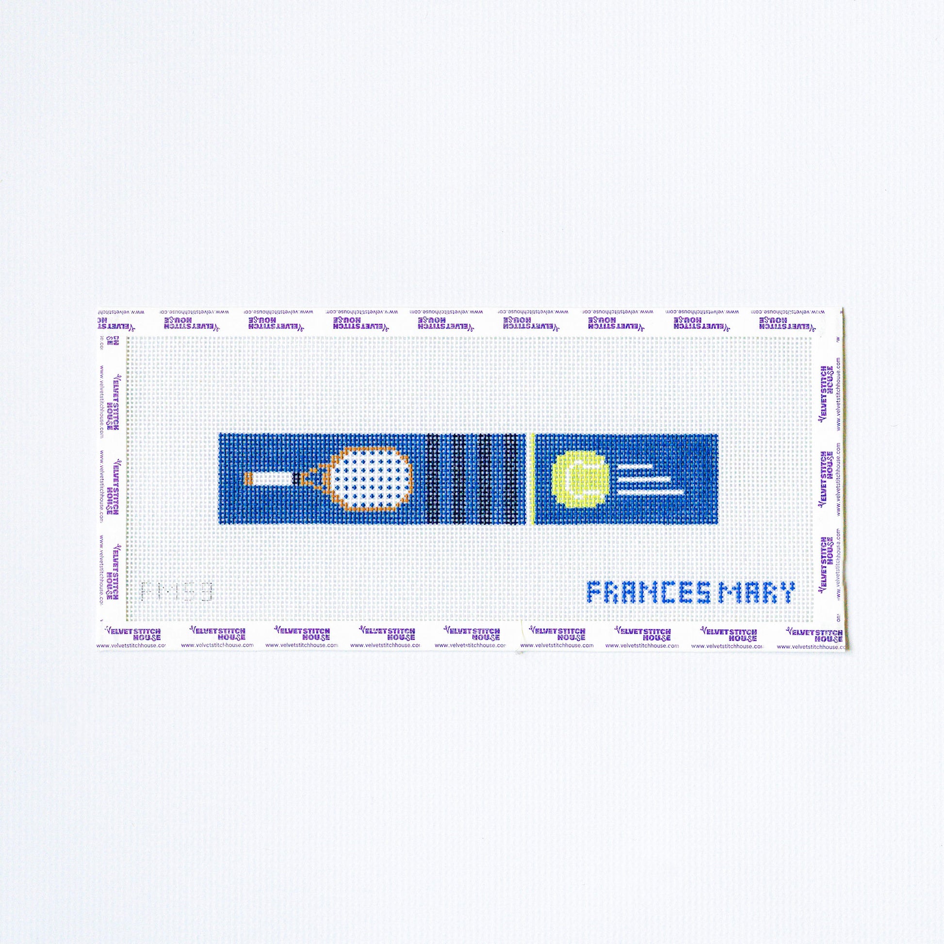 Needlepoint pattern of a tennis racket and ball with 'Francesmary' branding on a white background.