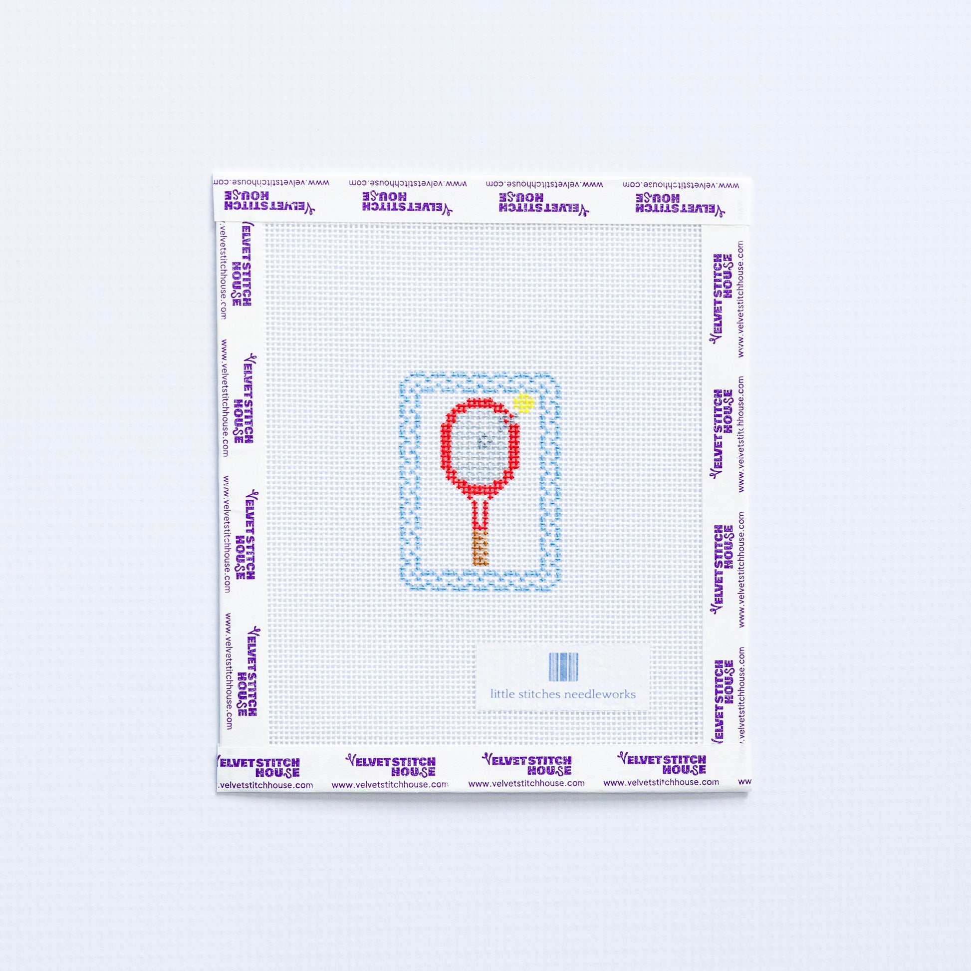 Needlepoint pattern of a red mini tennis racket with yellow tennis ball and light blue border