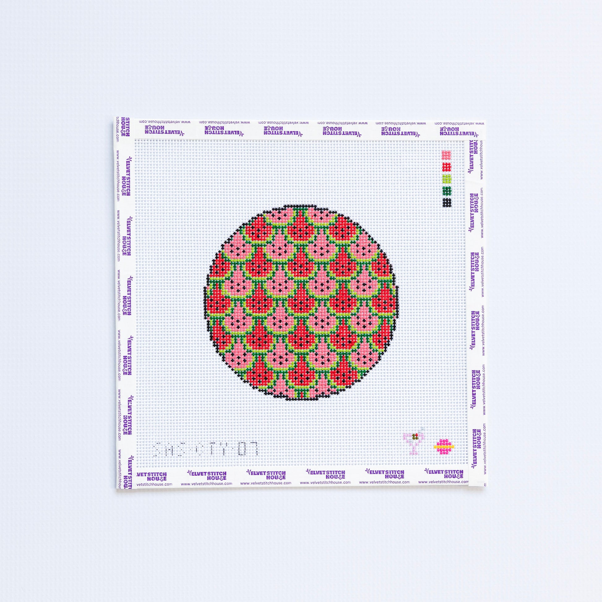 Needlepoint round pattern with pink and red watermelon design.