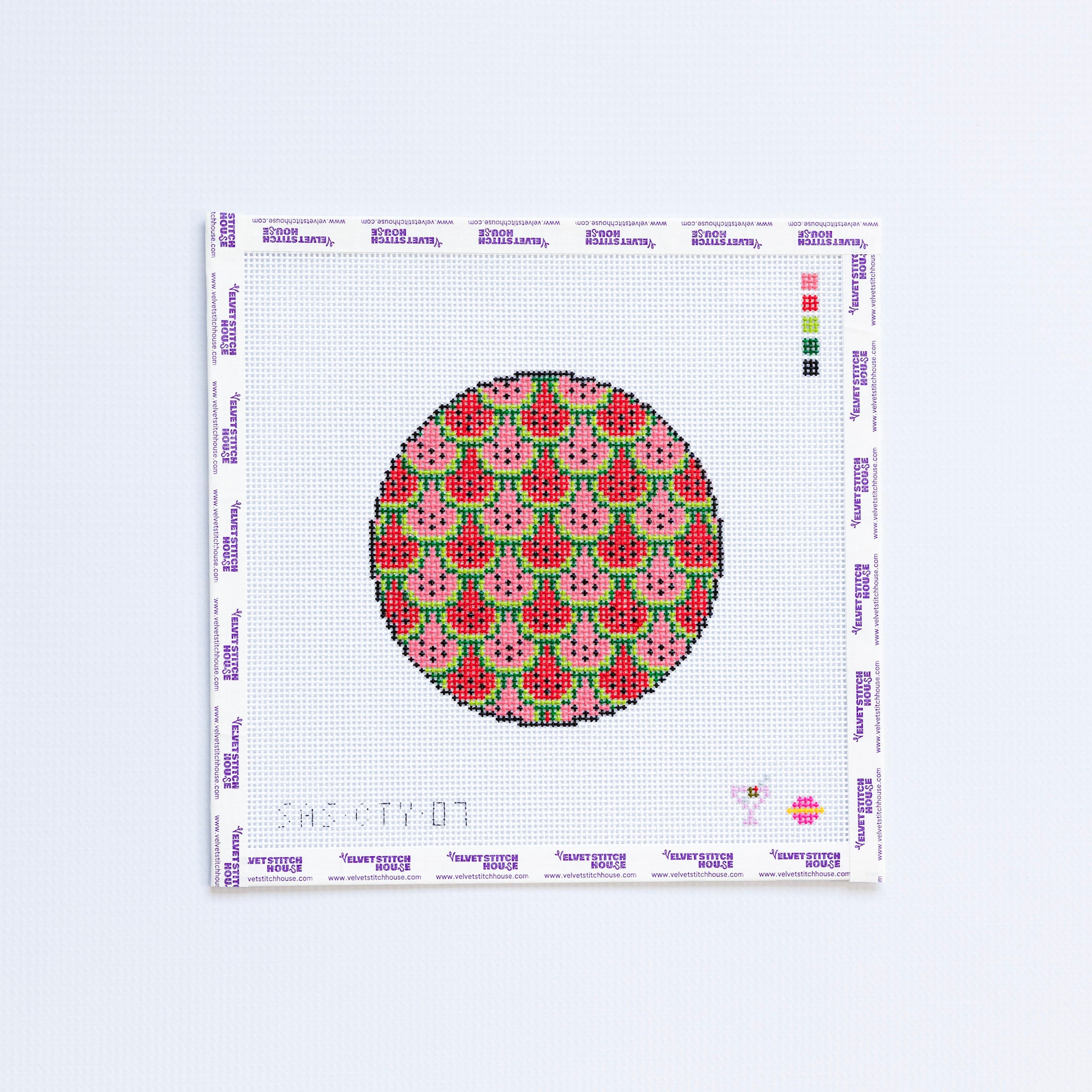 Needlepoint round pattern with pink and red watermelon design.