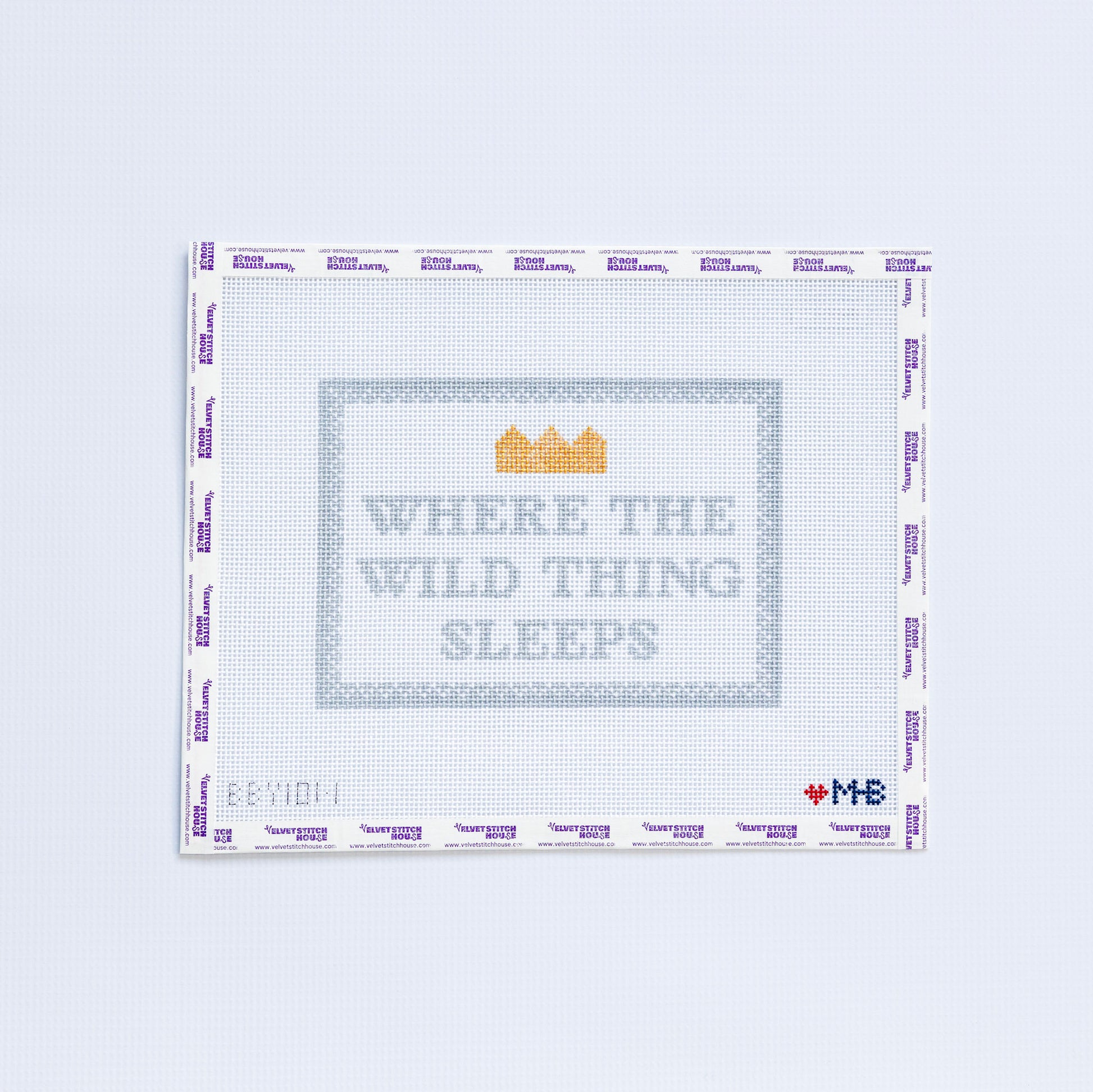 Needlepoint pattern with "Where the WIld Thing Sleeps" text in light gray and gold crown on a white background