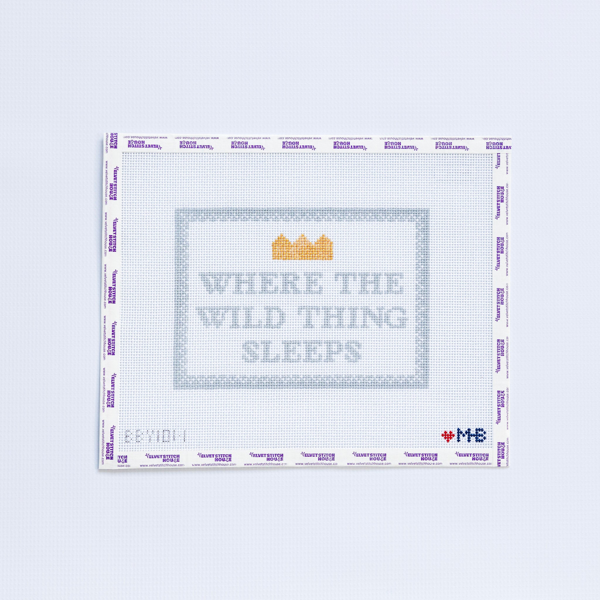 Needlepoint pattern with "Where the WIld Thing Sleeps" text in light gray and gold crown on a white background