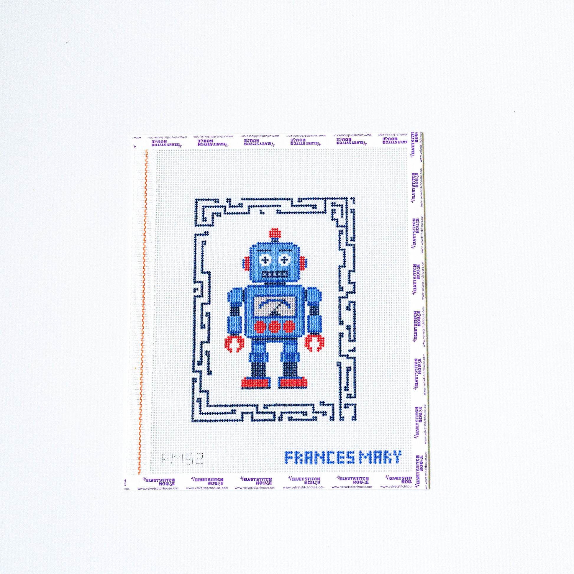 Needlepoint pattern of a robot with 'Frances Mary' branding on a white background