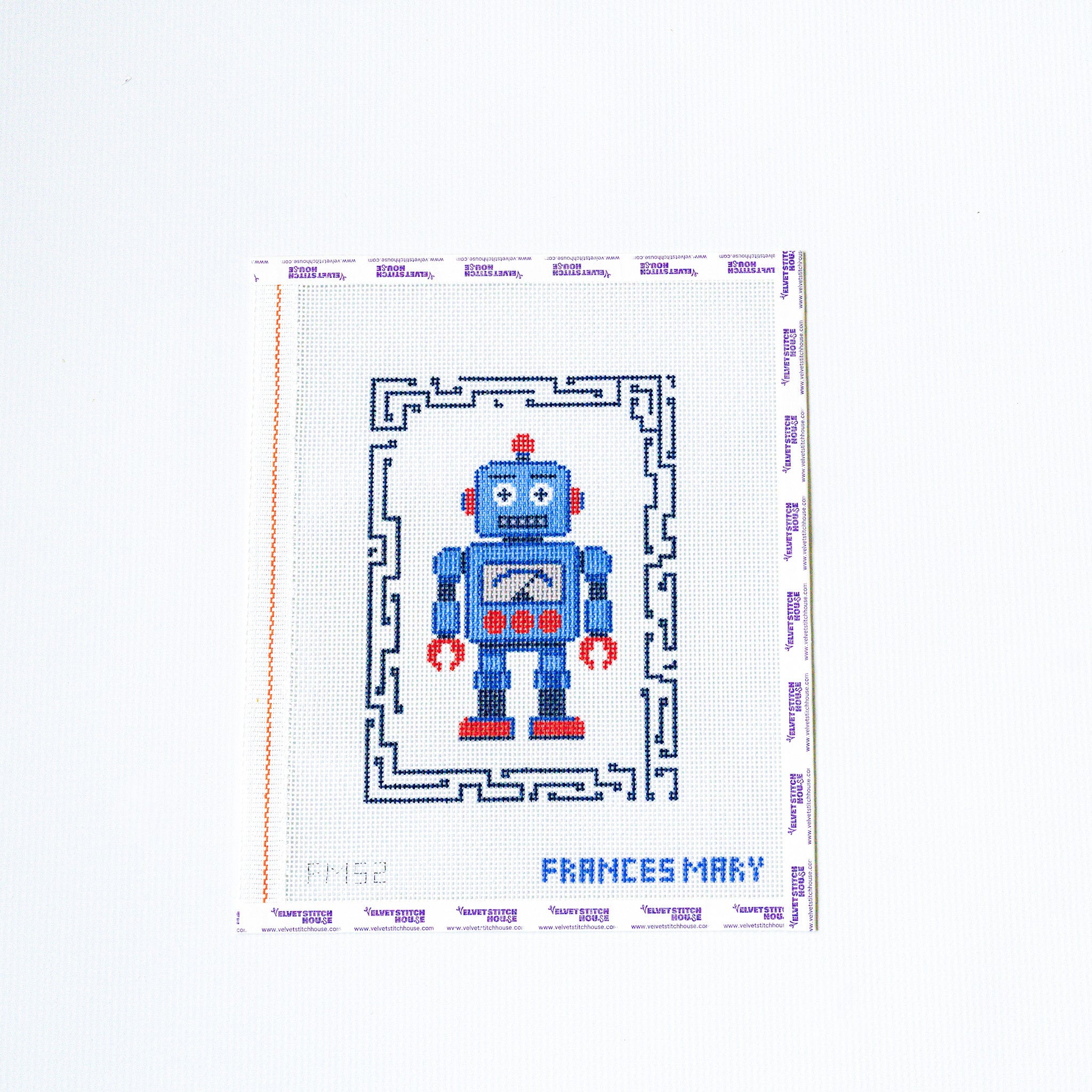 Needlepoint pattern of a robot with 'Frances Mary' branding on a white background