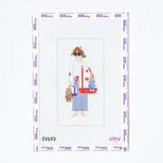 Needlepoint pattern of a woman with a child and a dog on a white background