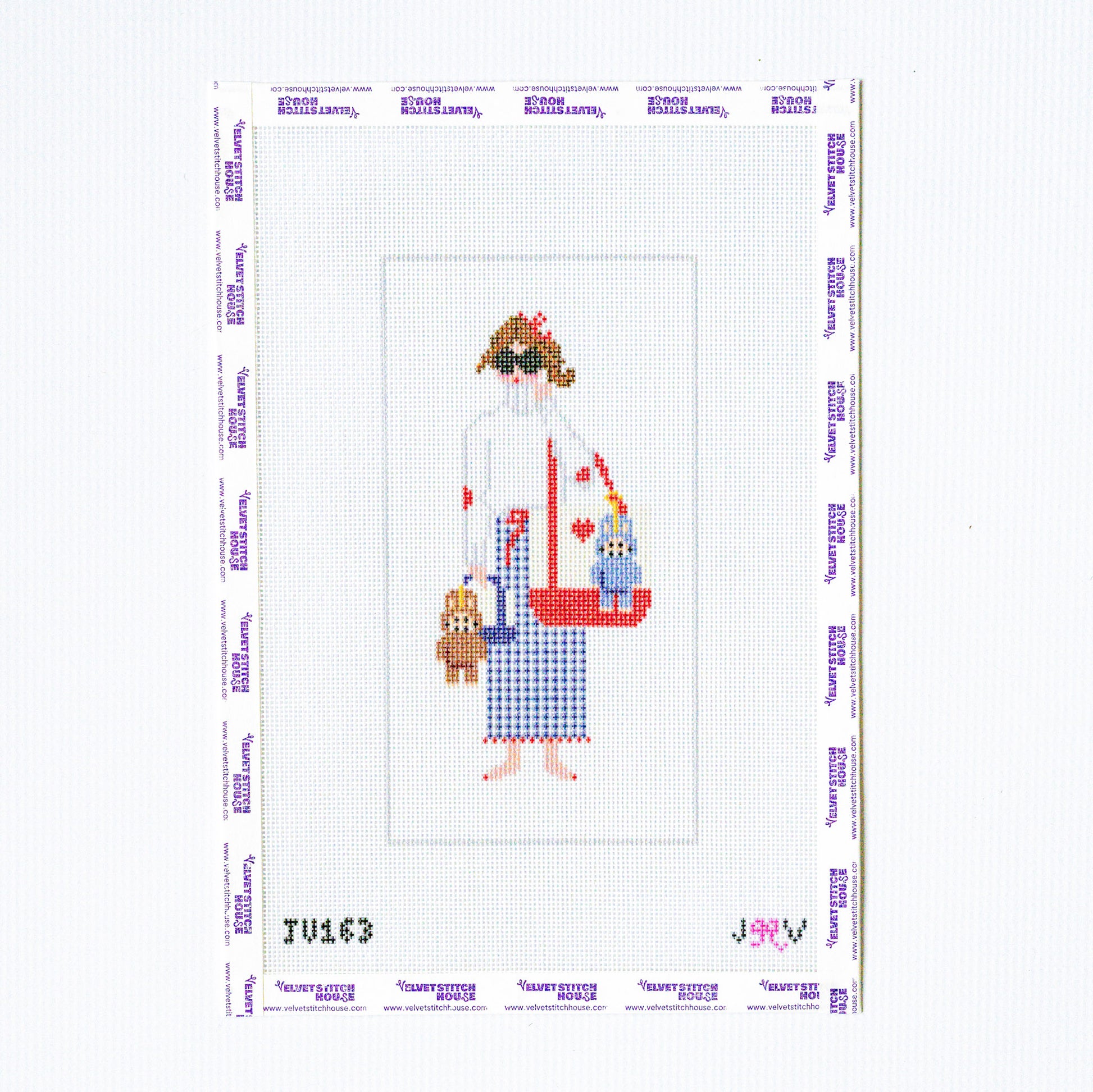 Needlepoint pattern of a woman with a child and a dog on a white background