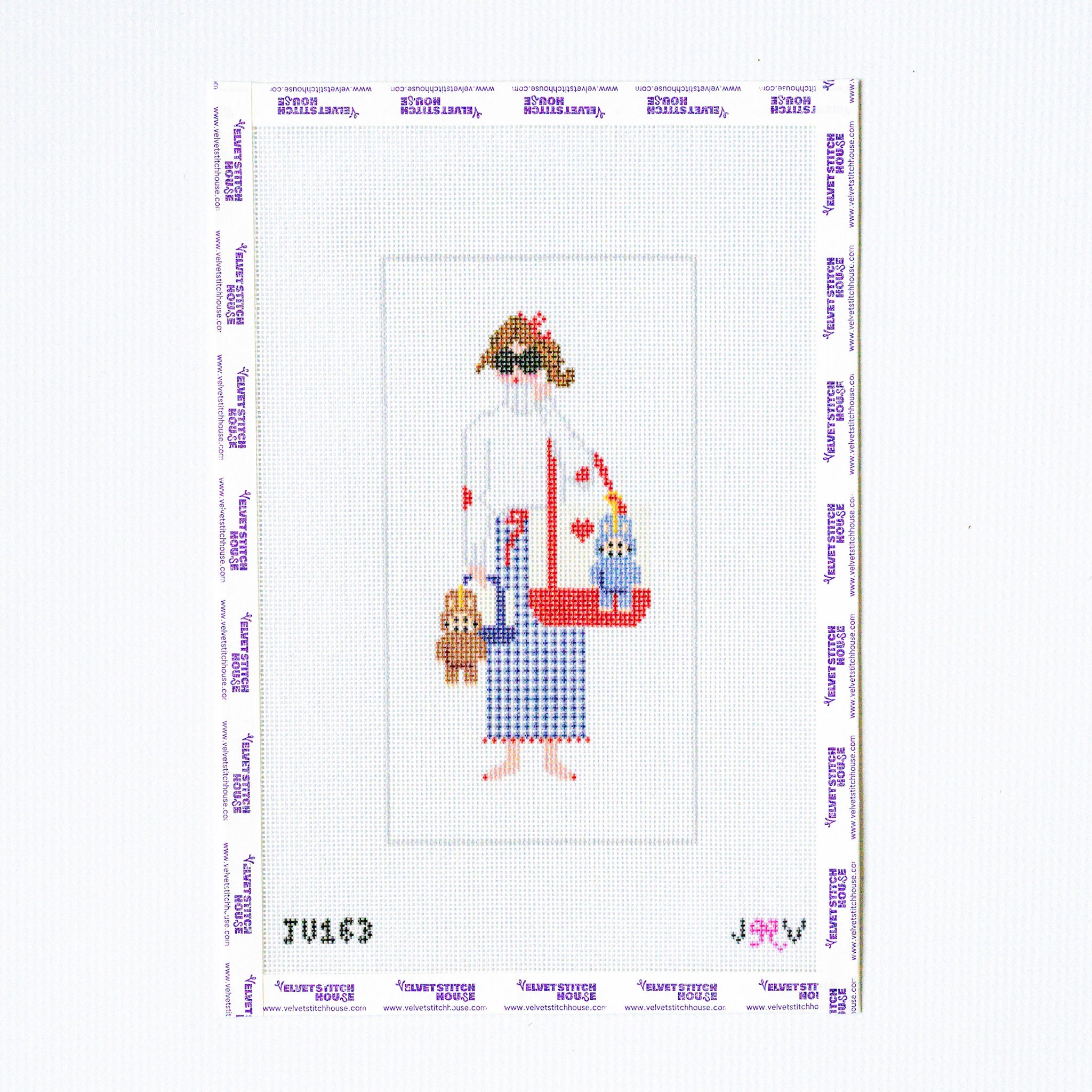 Needlepoint pattern of a woman with a child and a dog on a white background